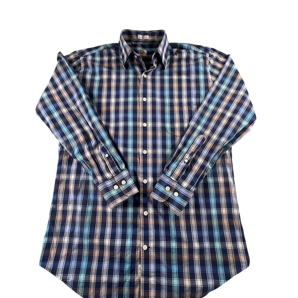 Peter Millar Mens Blue Plaid Cotton Long Sleeve Button Down Shirt Medium
